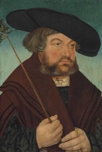 Portret van een man in zwart wambuis en bruine mantel, een tak houdend